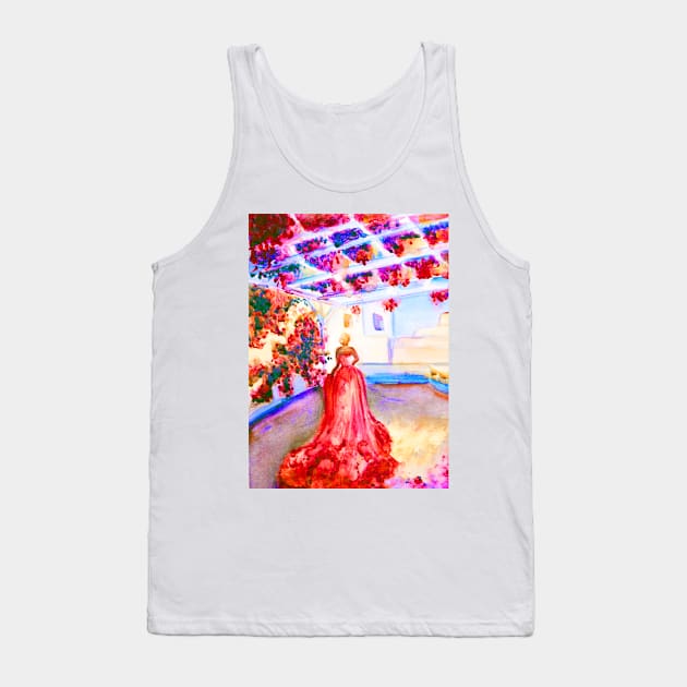 Woman in Greece with pink tail dress under flower pergola Tank Top by Begoll Art